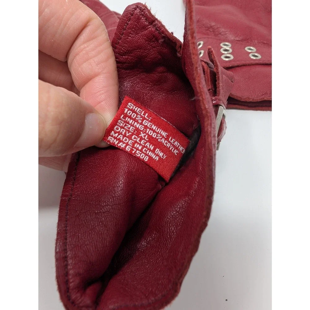 Anne Klein Red Leather Gloves Retro Glam Sze XL Lined Grommet Buckle City Winter
